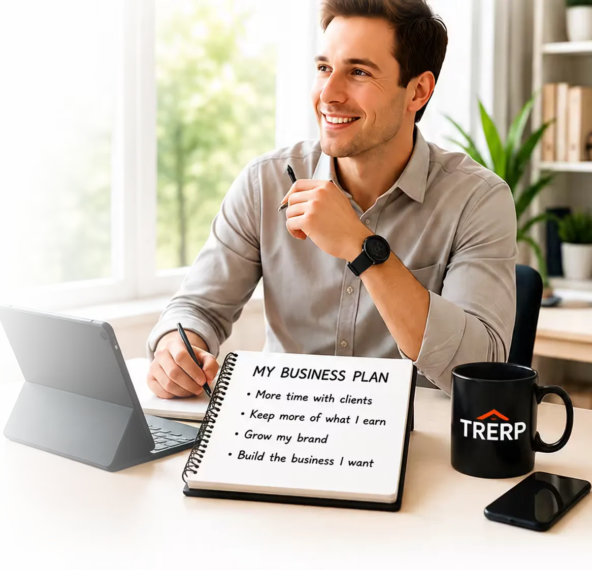 Man On Desk With Business Plan