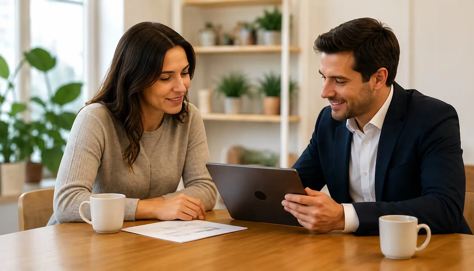 Two clients reviewing their options with an agent