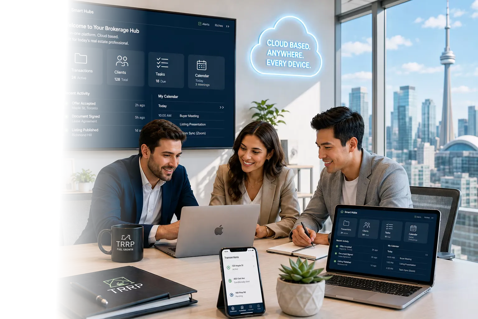 A real estate team working together around a laptop