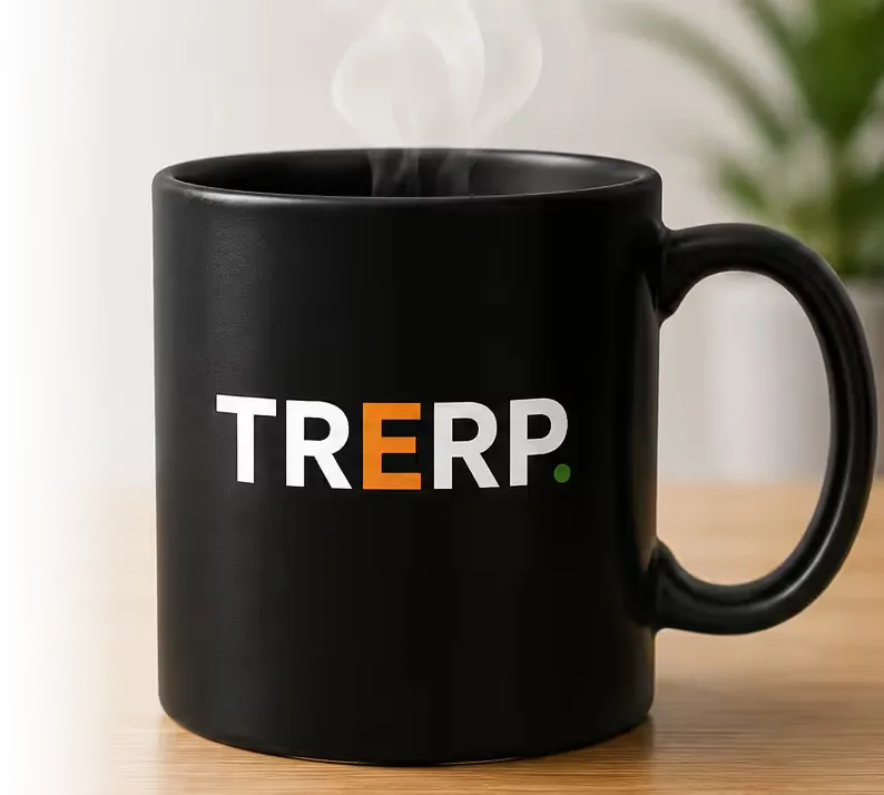 A TRERP-branded coffee mug on a desk