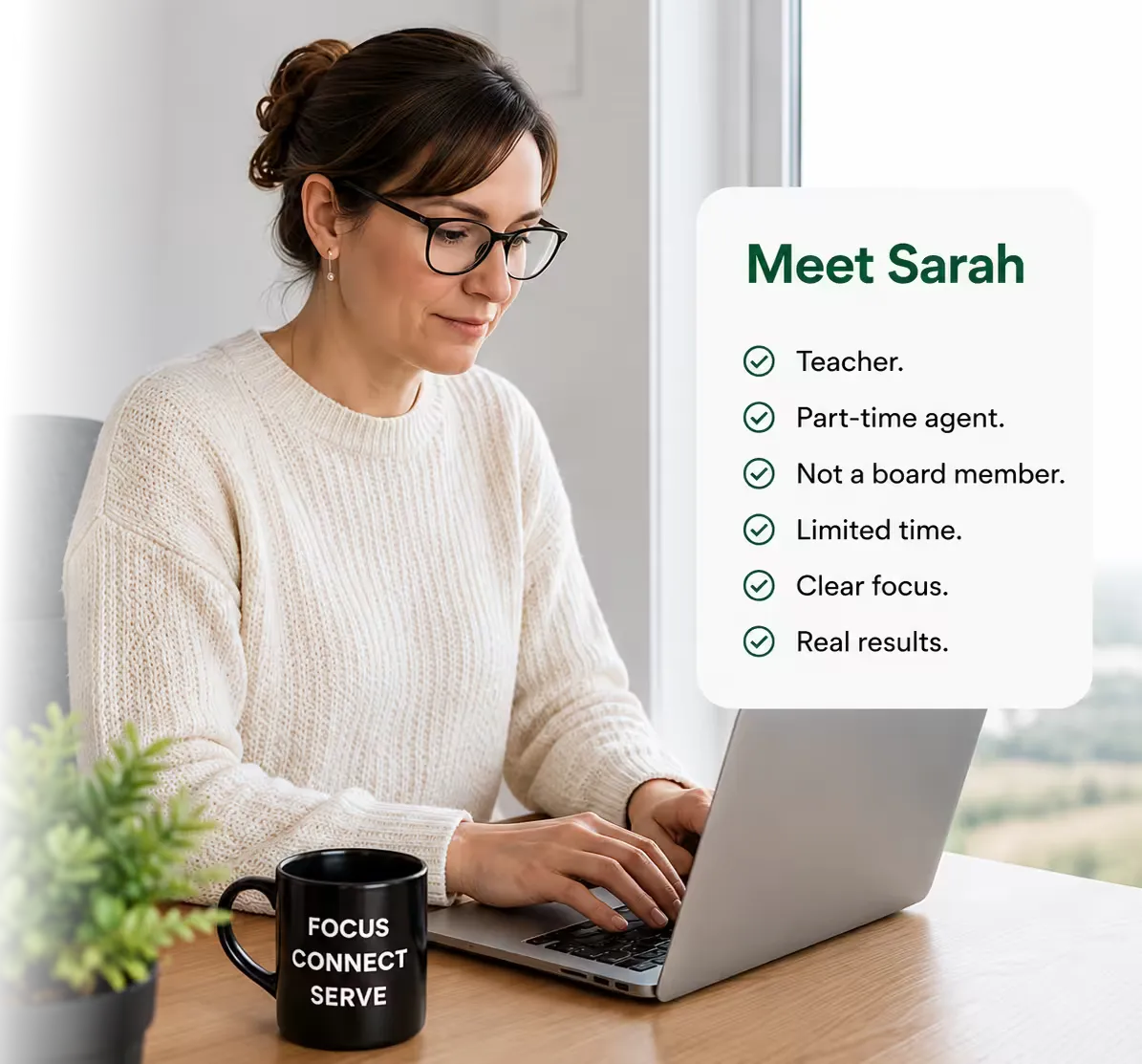 Sarah, a part-time agent, working at her laptop