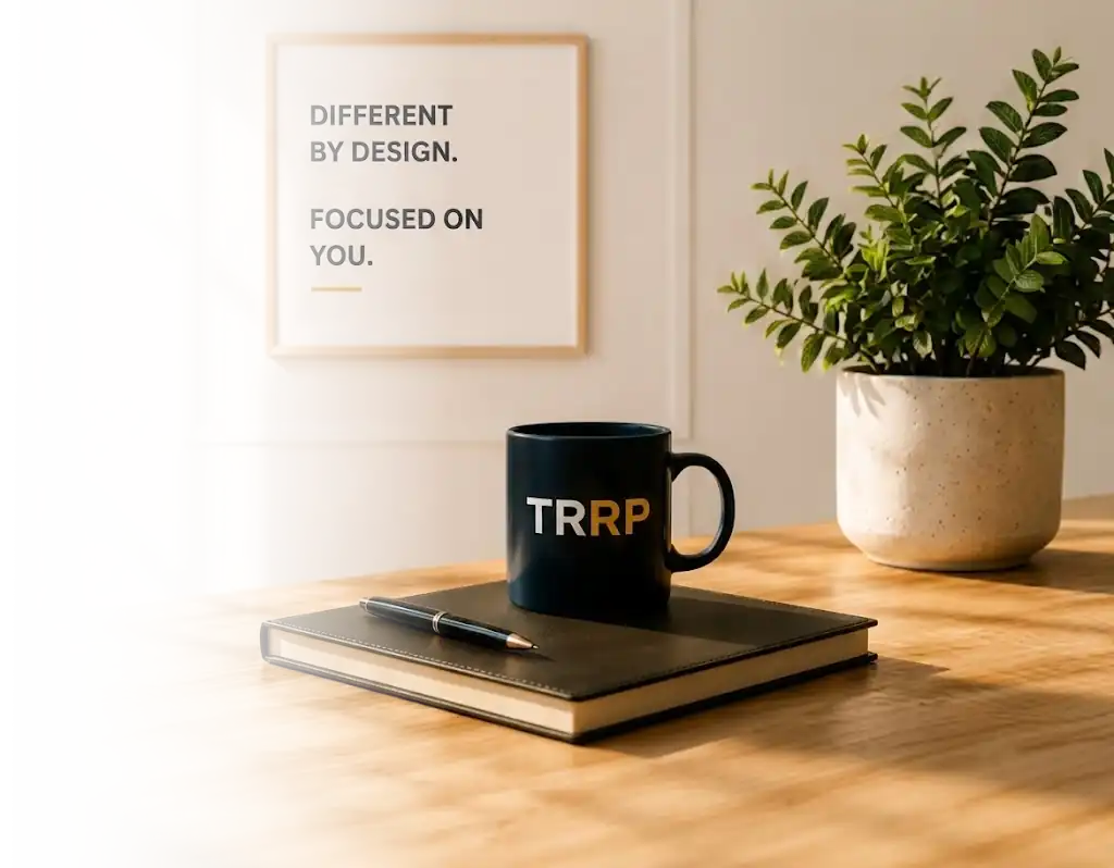TRRP mug on desk with notebook